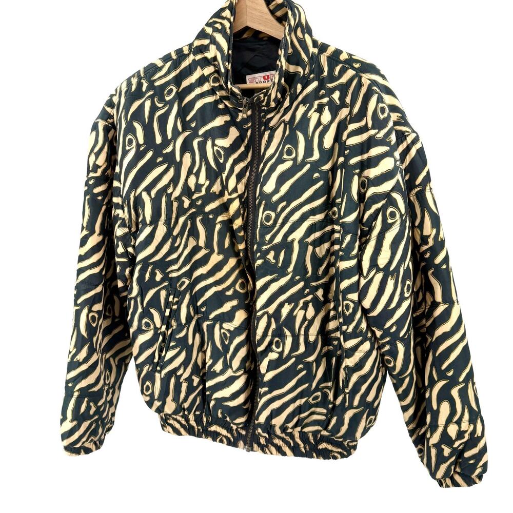 Vintage 90s Stunt Sports Black Tan Silk Zebra Print Track Jacket